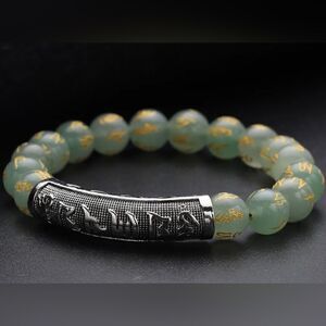 Feng shui Mantra Green Aventurine Carved Beaded Stretch Bracelet in Silvertone